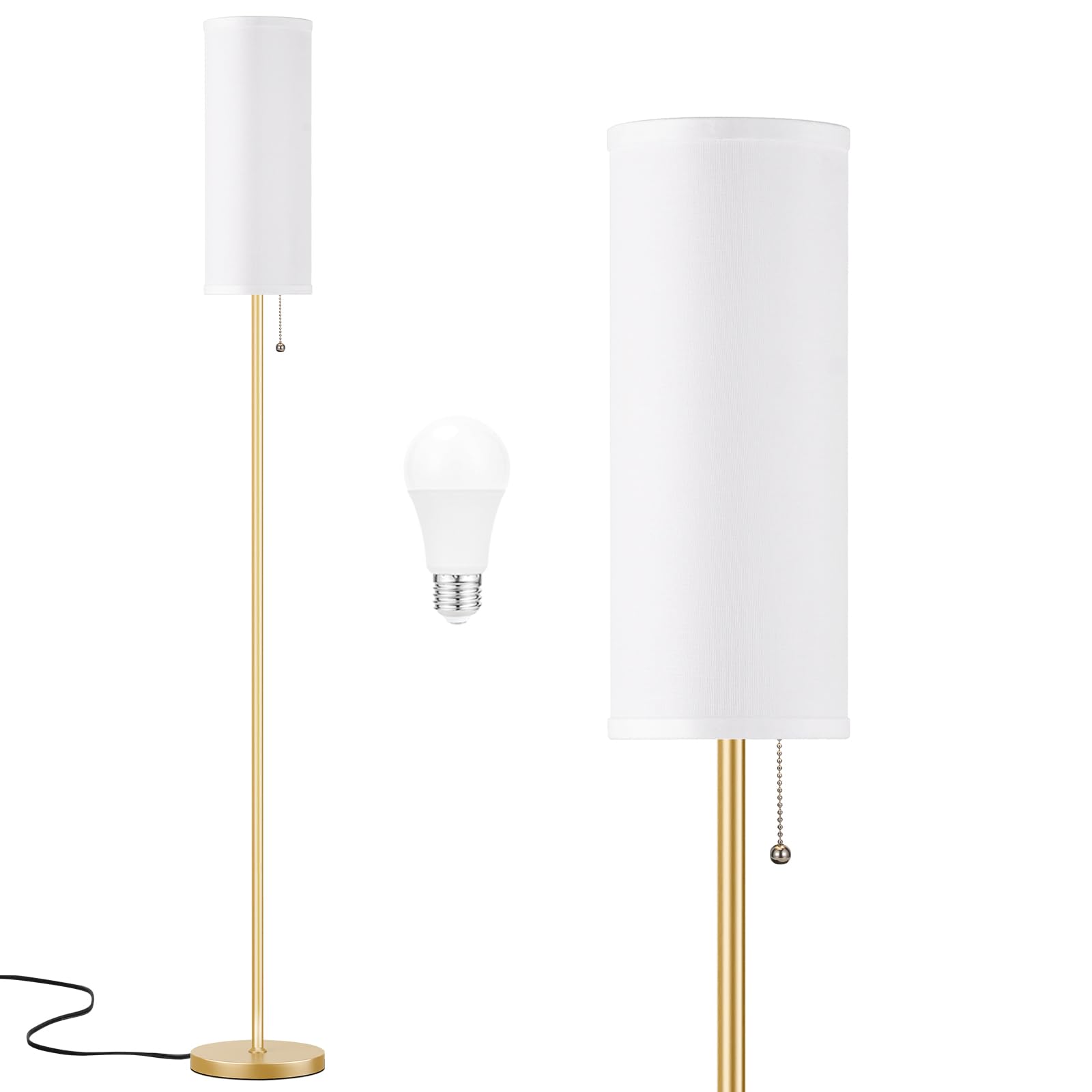 Ambimall Floor Lamp with 3 Color Temperatures Bulb, 64" Standing lamp with Linen lampshade for Bedroom, Minimalist Pole Lamp, White Shade & Gold Pole