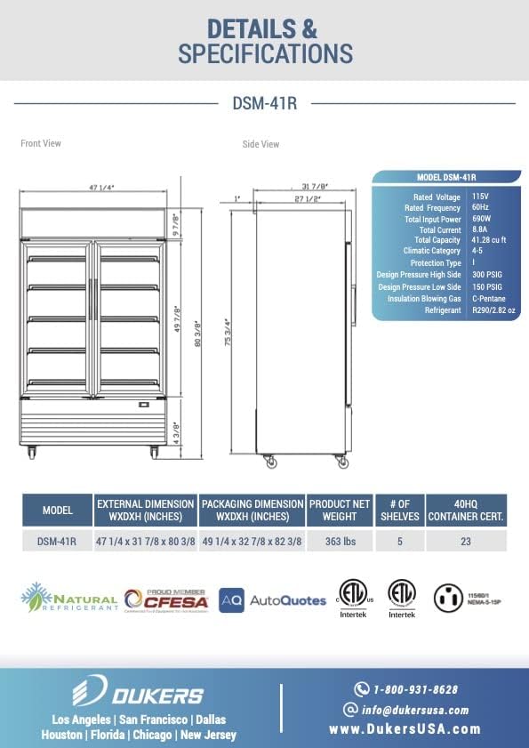 Technical specifications and dimensions diagram for the Dukers DSM-41R refrigerator, showing front and side viewz pomiarami.