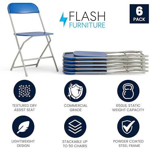 Image of Flash Furniture Hercules Series Plastic Folding Chair - Blue - 6 Pack 650LB Weight Capacity Comfortable Event Chair-Lightweight Folding Chair