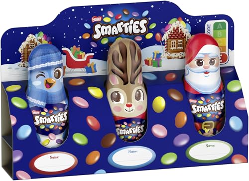 NESTLÉ SMARTIES Mini-Schoko-Weihnachtsmänner aus Milchschokolade, Hohlfigur gefüllt mit SMARTIES Mini Schokolinsen, 1er Pack (3x18.7g)