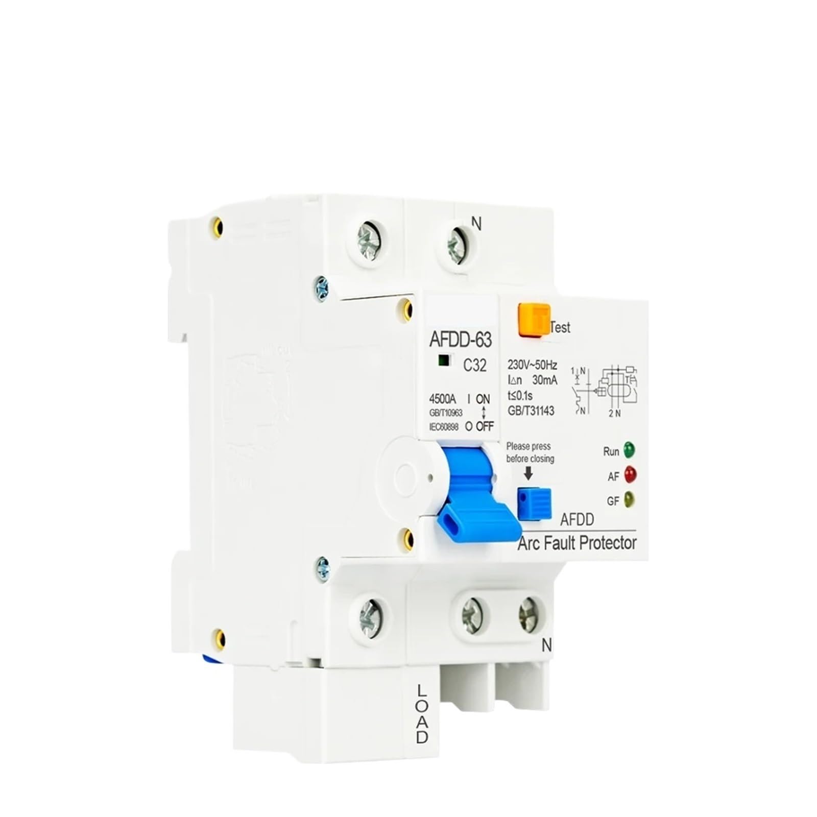AFDD 1P+N 2P 3P+N AC 230V Fault Arc Protector Circuit Breaker Main Switch RCBO MCB Short Circuit Overload Leakage Protection(3P and N,63A)