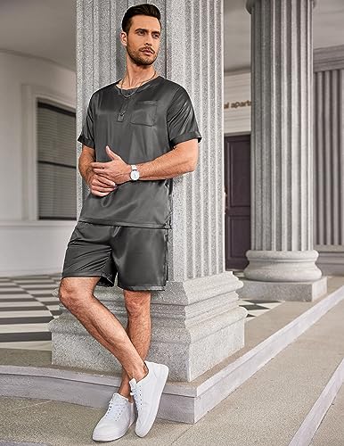 Image of Ekouaer Mens Pajamas Set Silk Satin Pjs Sets Summer Short Sleeve Button Down Sleepwear 2 Piece Loungewear with Pockets