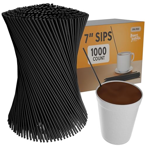 Tall 7 Inch Slim Plastic Coffee Stirrers and Sip Straws, Black, 1,000 Count
