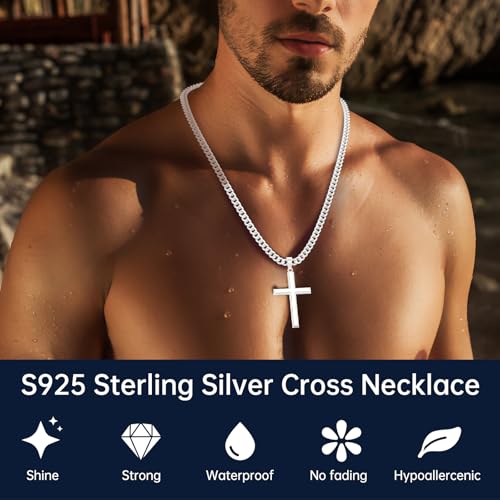 S925 Sterling Silver Beveled Edge Cross Necklace for Men Women, 5mm Sterling Silver Diamond Cut Cuban Link Chain, Fashionable Men's Crucifix Pendant Chain Necklaces 16-30 Inches3