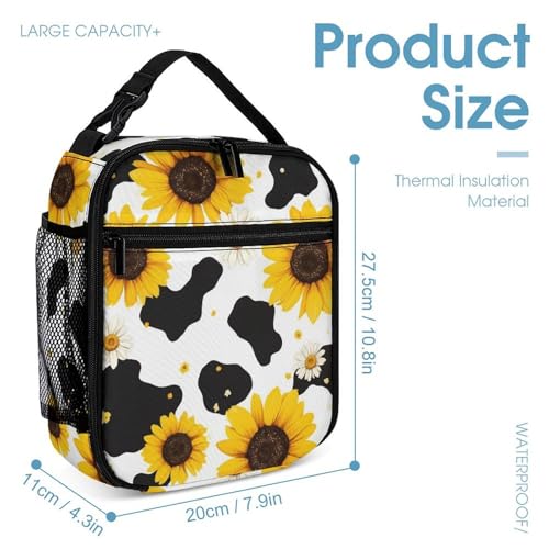 Travel Bookbag Set with Lunch Bags and Cosmetic Bag 80s Vintage Sunflower Cow Print Backpack with Lunch Box Storage Bag Backpack Bookbag Set4