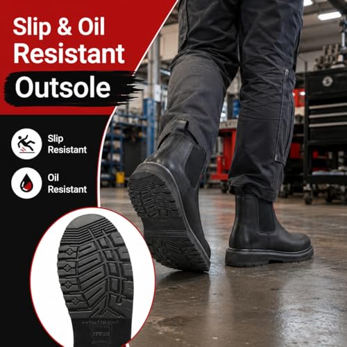 Image of Men's Slip On Work Boots, 6 Inch Soft Toe Chelsea Work Boots, ASTM F2892 EH, Slip Resistant Oil Resistant Rubber Outsole, PU Insole, Steel Shank, Black D2432