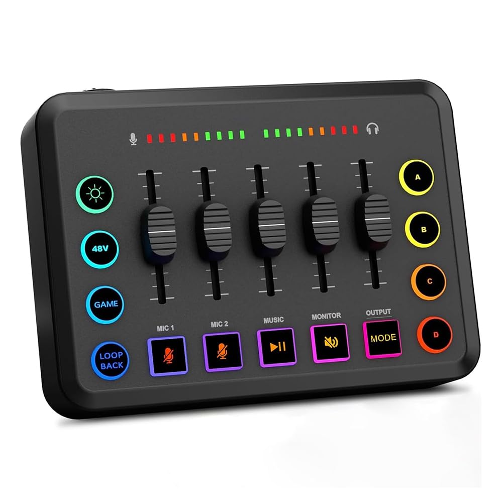 Mixer audio per gaming, mixer per PC streaming RGB con interfaccia microfono XLR, controllo volume, alimentazione phantom da 48 V per podcast