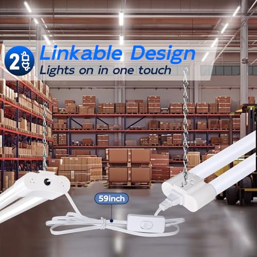 hykolity 2 pack 4ft linkable led shop light for garage 4400lm 4ft 42w 5000k daylight led workbench light fixture with plug hanging or surface mount white - etl