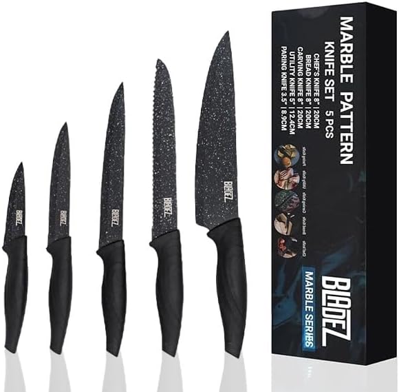 Bladez Professional Kitchen Knife Set, 5 Pcs Stainless Steel Kitchen Knives Set with Ultra Sharp Blade and Soft Handle, Includes Chef, Bread, Carving, Utility and Paring Knife, All in a Gift Box