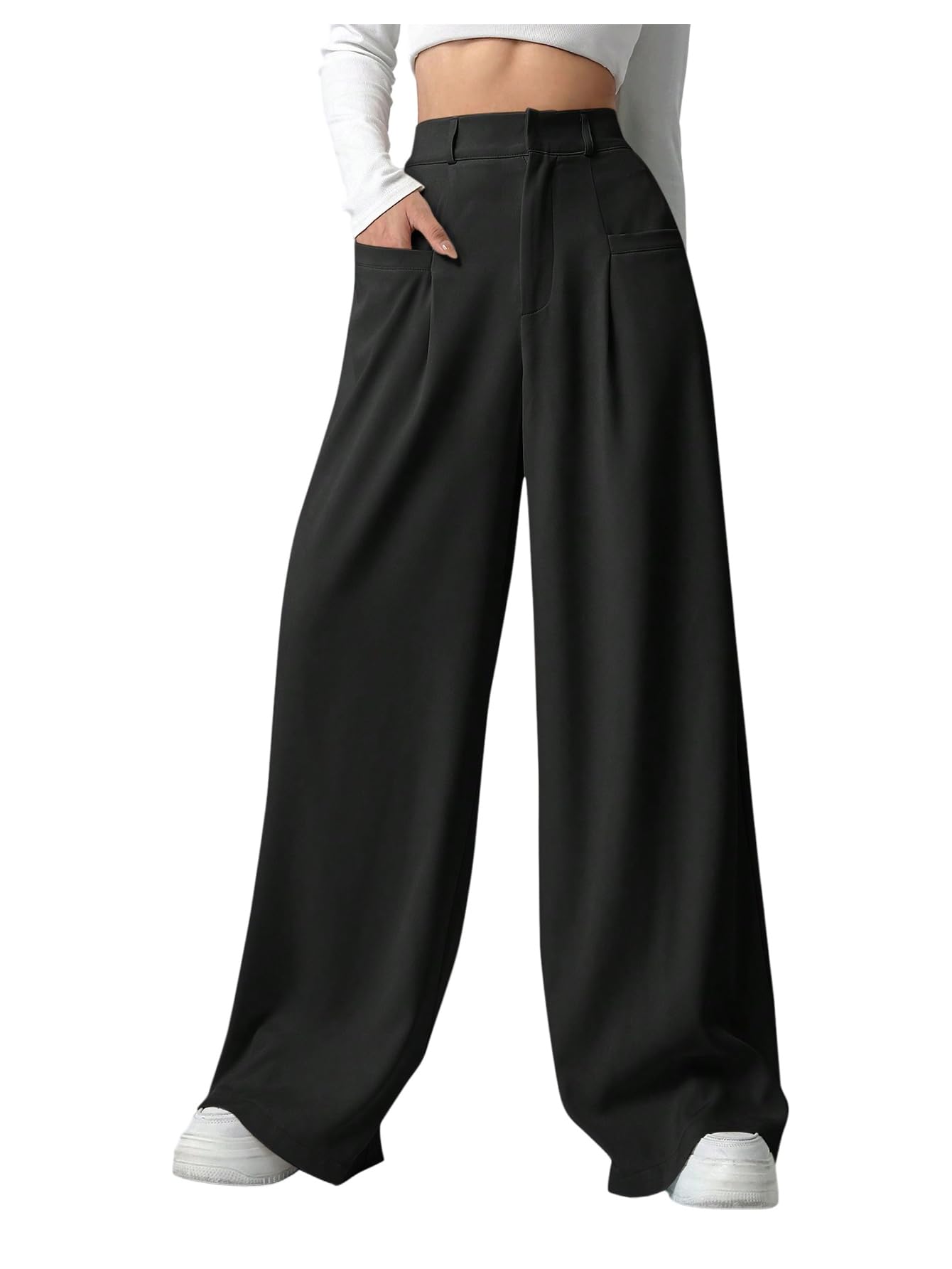 GORGLITTER Womens Office Work Wide Leg Fly Pleated Dress Pants Zipper High Waisted Loose Trousers