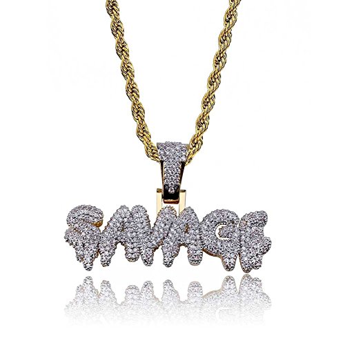 Hip Hop Iced Out Cubic Zircon Drip Bubble Letter Savage Pendant Necklace with 24inch Stainless Steel Rope Chain3