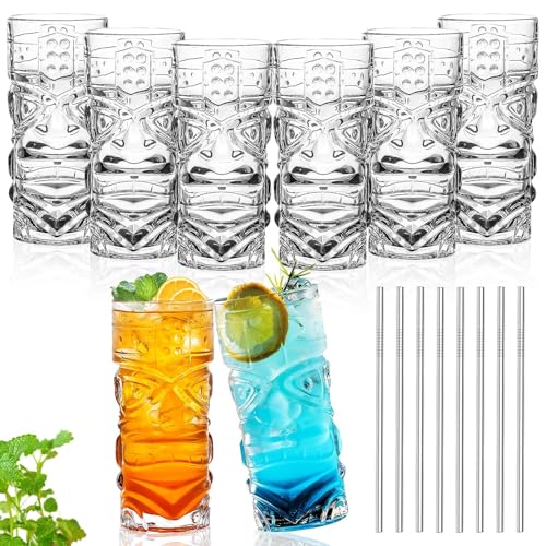 INFTYLE Plastic Tiki Cups 18 oz Clear Tiki Glasses Modern Bar Tiki Mug Hawaiian Party Drinking Tumblers for Cocktails Lemonade Mixed Drinks Picnic Restaurant Supplies (8)