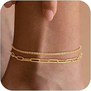CHESKY Gold Ankle Bracelets for Women, 14k Gold Plated/Sterling Silver Anklet Bracelet Set Layered Glitter Box Paperclip Figaro Cuban Link Anklets for Women, Waterproof Summer Gold Jewelry Gifts