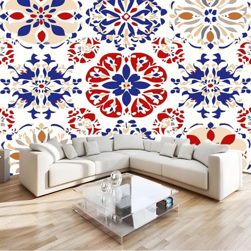 Papel Pintado Fotomural 200 x 140 cm Marruecos Azulejos Flores Tejido no Tejido Fotomural 3D | Mural de Pared Papel Pintado Decoración Salón Dormitorio, Multicolor