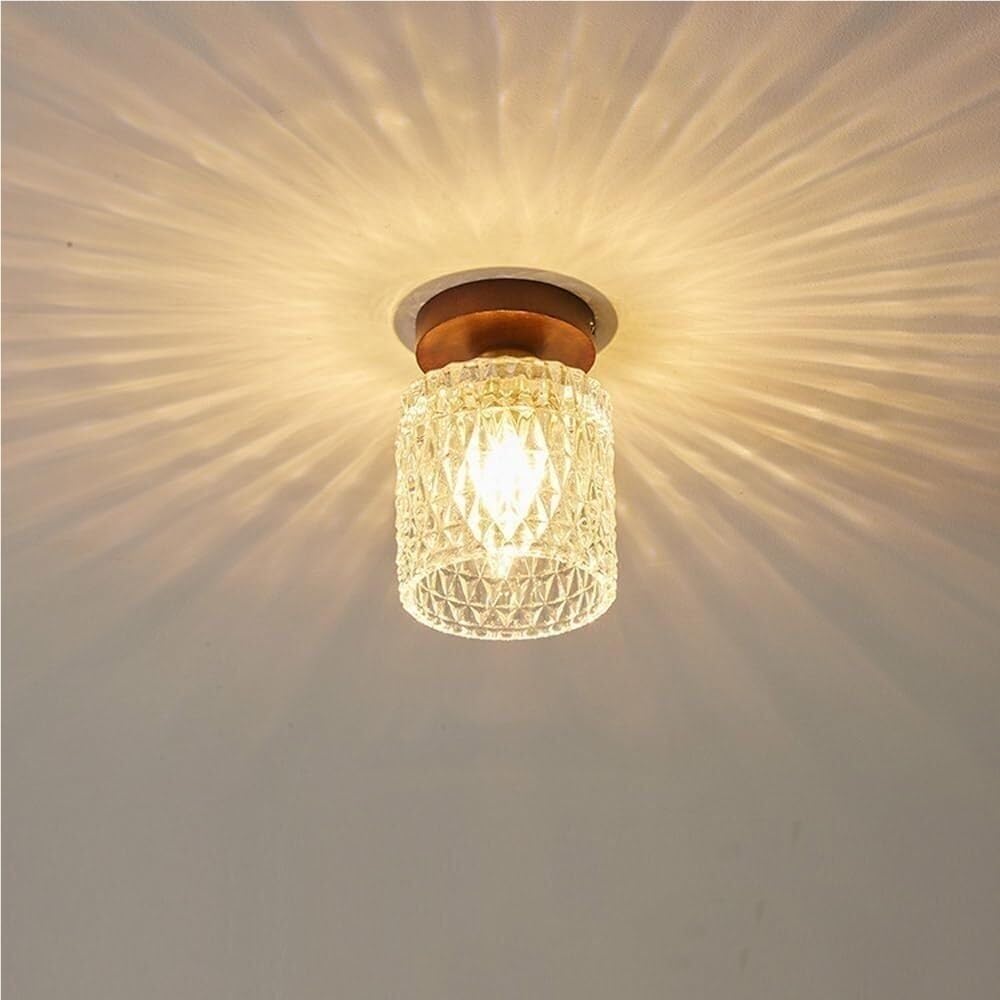 ITOSUI Glass Ceiling Light, Flush Mount Ceiling Lamp, Nordic LED Fixture, Wood Base Cylinder Diamond Glass Shade, E26 Tri-Color Dimmable Bulb for Hallway, Corridor, Entryway, Balcony