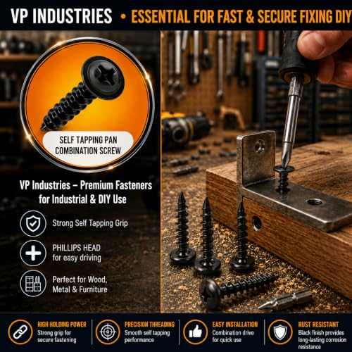 Image of By inchVP INDUSTRIES inch (Pcs-50) No.8x13 mm Pan Head Combination Phillips-Slotted Self-Tapping Screw - Black Zinc, High-Tensile for Wood, Metal, Furniture & DIY Applications