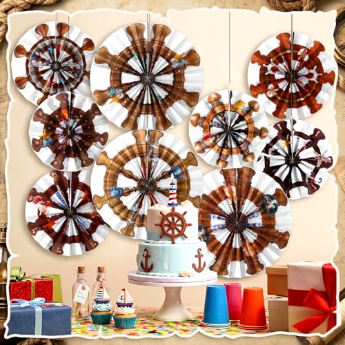 Image of Outus 9 Pcs Nautical Party Decorations Ship Wheel Paper Fans Hanging Decor Coastal Ship Wheels Wall Ceiling Decoration for Sailor Theme Baby Shower Ocean Pirate Beach Cruise Birthday Party Supplies