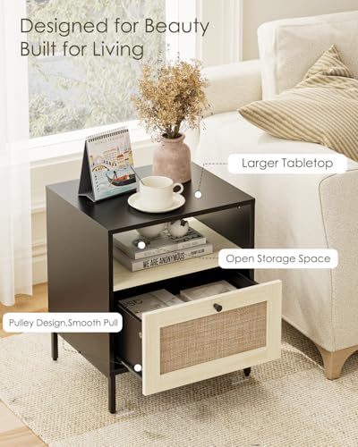 Image of Nightstand Rattan Night Stand,Large Modern Side Table Boho Farmhouse Wood Bedside Table with Storage Drawer and Open Shelf,Large End Side Table for Bedroom,Living Room,Office(Black)