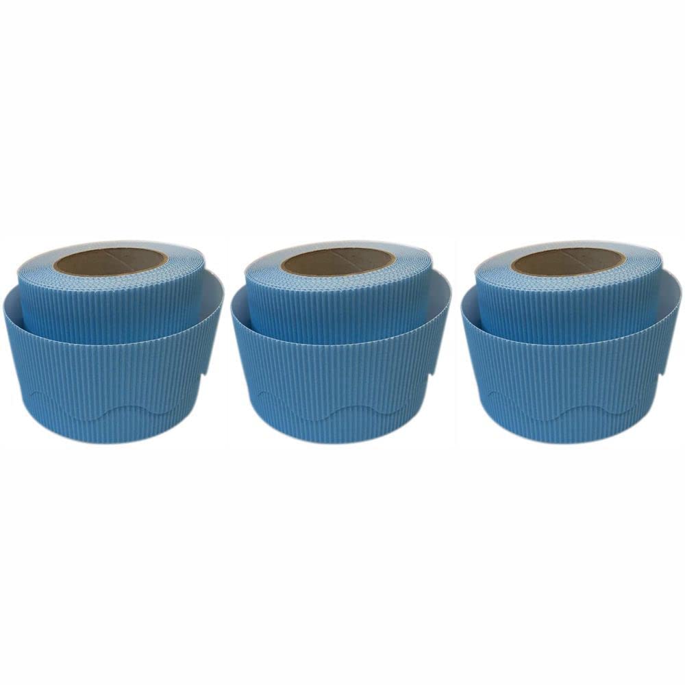 3 Ace Crafts (Pack of 3) Corrugated Display Borders Roll (Sky Blue) size 57mm x 15m for School Classroom Decoration, Bulletin Boards and Crown Making, Scalloped Edge Border Roll Fade Resistant