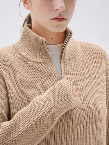 Image of SUUKSESS Women Cashmere Blend Oversized Quarter Zip Pullover Sweater Long Sleeve Collared Ribbed Knit Jumper Tops