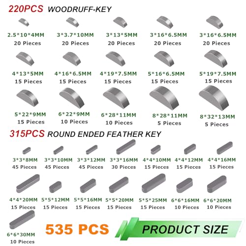 Image of 535PCS Metric Woodruff Key Assortment Kit,30 Sizes Include 220PCS Carbon Steel Woodruff-key, 315pcs Round Ended Feather Kit for Fastening Connection
