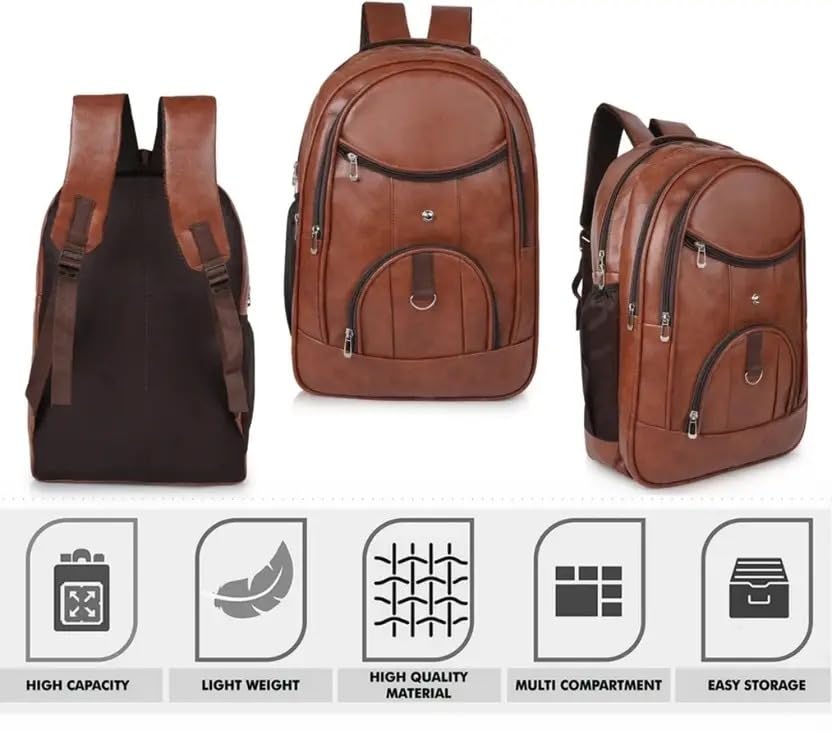 Image of Laptop Backpack for Men & Women | Black Faux Leather Office & Travel Bag 40L | Spacious Laptop Compartment | Front Organizer Pocket | College, Business & Daily Use