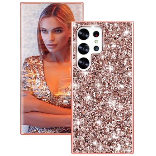 Coque Samsung S25 Ultra 5G en silicone paillettes or rose antichoc pour femme