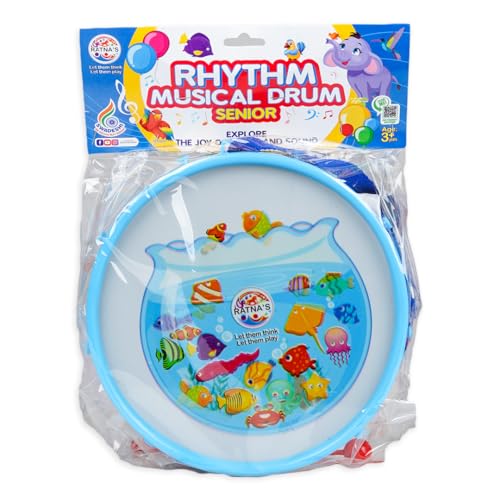 Image of Ratna's Rhythm Musical Drum Senior Kids Musical Drum Set with 2 Sticks & Hanging Strap, Colorful Animal Designs, Educational Toy for Kids 3+ Years