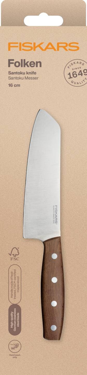 Fiskars Folken Santoku knife 16cm FSC​ | Niemieckie ostrze ze stali nierdzewnej, uchwyt z drewna klonowego z certyfikatem FSC, 1075694