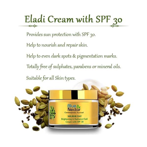Blue-Nectar-Brightening-and-Radiance-Eladi-Cardamom-Cream-with-SPF-30-Women-50-g Blue Nectar Face Moisturizer with SPF 30 for Sun Protection | Plant Based Day Suncreen Face Cream for Women for Use as Facial Moisturizer for All Skin Types (19 Herbs, 1.7 Oz)