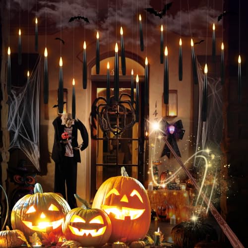 Image of 12 Pack Black Floating Magic Wand Candles with Warm LED Lights, Hanging Wizard Candles for Halloween Decorations, Wizard Theme Party, Haunted House, Christmas and Indoor Ceiling Decor