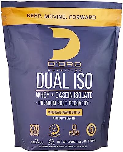 D’Oro Nutrition - Dual ISO Whey & Casein Isolate Protein Powder - Chocolate Peanut Butter Flavor - Premium Post Recovery Protein Powder - 27G of Protein Per Scoop