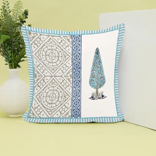 Image of BLOCKS OF INDIA Hand Block Printed Cotton,300 TC Cushion Cover (16 X 16 Inches) (Cushion 6), Blue