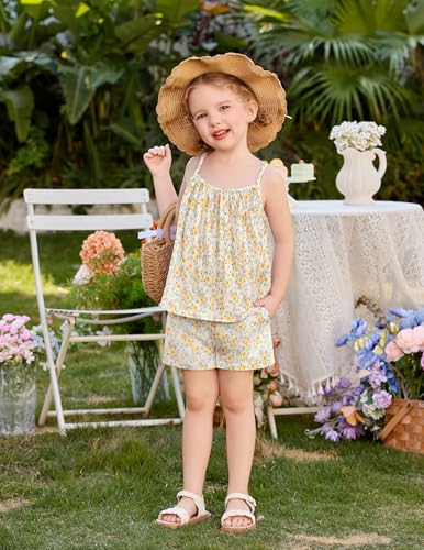 Image of Arshiner Toddler Kids Summer Clothes 2 Piece Tank Top and Shorts Set | Girl Summer Clothes 2 Piece Loose Spaghetti Strap Tank Top and Short Set Kids Clothing Sets with Pockets