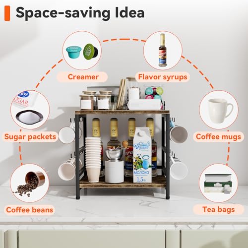 Aquzee Large Coffee Bar Counter Top Shelf with Cup Holder, Cofe Tea Station Organizer Shelves Stand for Countertop with 12 Hooks for Mug, 2 Tier Kitchen Bar Decorations for Home 11"D x 15.8"W x 16.1"H