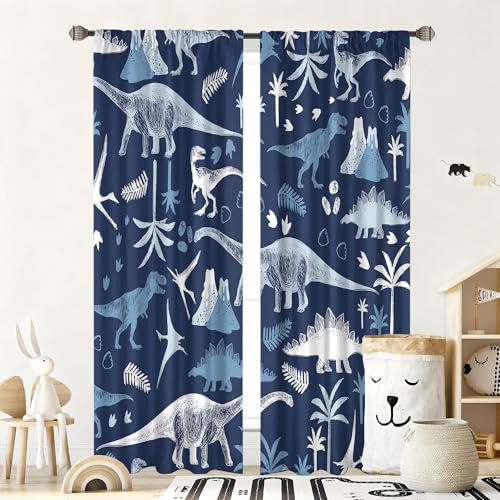 Cartoon Kids Blue Grey Dinosaur Boys Living Room Bedroom Window Curtains