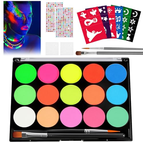 AOOWU UV Bodypainting, 15 Farben Halloween Schminke Erwachsene Kinder, Neon UV Schminke Set, Waschbar Profi-Aqua Kinderschminke,Schwarzlicht Farbe Neon Schminken für Halloween Karneval Make-up