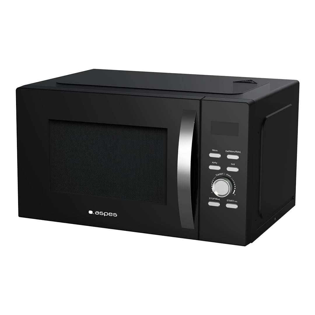 Aspes Kuchenka mikrofalowa 28 litrów Grill Wolna instalacja, Czarne szkło AMWAF28900GN. 900W, 5 programów, sterowanie elektroniczne, tryb rozmrażania, stal nierdzewna, łatwe czyszczenie, timer 60min