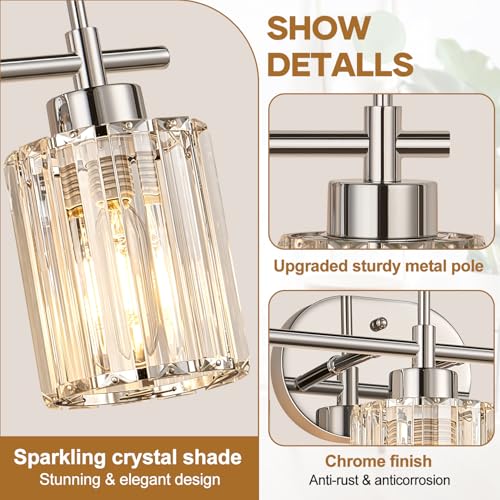 Image of Modern Crystal Bathroom Vanity Light, 3-Light Chrome Vanity Light with Clear K9 Crystal Shades, Bathroom Light Fixtures Over Mirror (Bulbs Not Included)