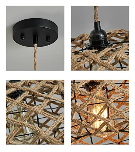 AMZASA Boho Pendant Light Rustic Hand-Woven Hemp Rope Cage Basket Rattan Hanging Lamp Wicker Coastal Retro Light Fixtures for Hallway Entryway Kitchen Island Dining Room - Image 4