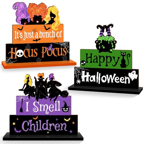 Halloween Hocus Pocus Table Signs Wooden Decor, 3PCS Witch Halloween...
