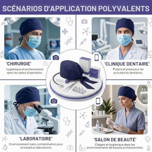 Calot de Travail Ajustable et Bonnet en Tissu Polycoton Bleu Marine avec Bandeau Frontal Absorbant pour Homme et Femme Taille Unique Professionnel Entretien Facile Lavable – vue 7