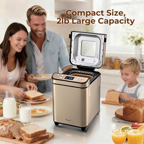 Image of Rosewill 25-in-1 Automatic Bread Maker Machine with 3 Loaf Size up to 2LB, 700W High Power Dual Heater Bread Maker with BPA-free Nonstick Coating Pan, Max 15 Hours Delay Timer, Low Noise - Honey