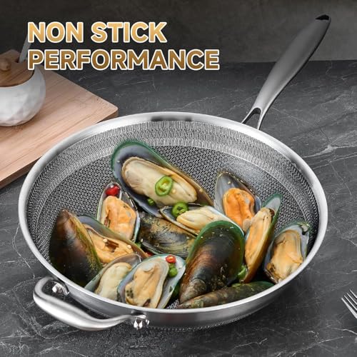 Image of Hybird Nonstick Wok Pan with Steel Lid | 14.5-Inch | Detachable Handle | Non Toxic | Tri-Ply Stainless Steel | Ceramic Coating | Stir Fry Pan | Induction Compatible | Dishwasher & Oven Safe