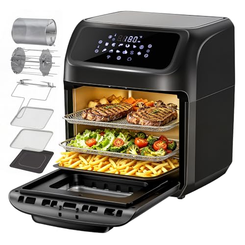LLIVEKIT Friteuse à Air Chaud 12L, Four à Air Chaud avec 12 Fonctions, Mini Four, 1800 W, avec Écran LED Numérique, Déshydratateur de Fruits, Barbecue, Livret de Recettes et 7 Sortes d'Accessoires