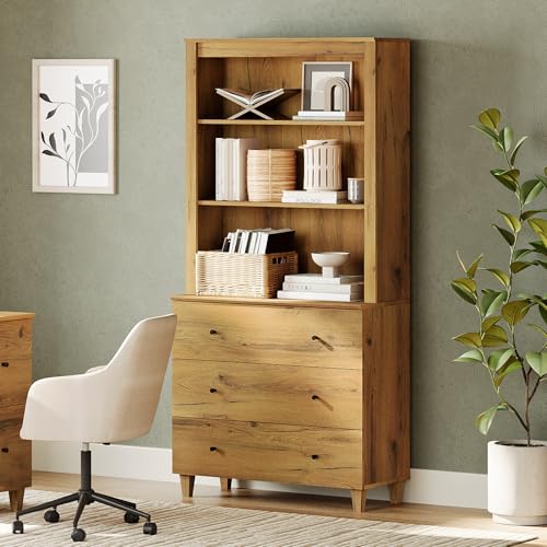Image of WAMPAT 71 inch Tall Bookcase with 3 Drawers & Open Shelves, Modern 3-Tier Bookshelf with Adjustable Shelf, Floor Standing Wooden Display Book Shelf for Home Office, Living Room, Bedroom, Oak Brown
