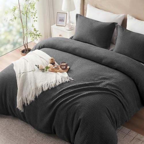 Easthome 100% Cotton Duvet Cover Queen Size - Waffle Weave Duvet Cover Set for All Season Linen Like Textured Bedding Sets 3 Pcs with 2 Pillow Shams/Gift Bag Zipper 4 Conner Ties Dark Grey