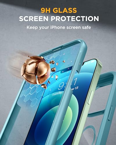 Image of Miracase Glass Series Designed for iPhone 12 /12 Pro 6.1 Inch, Upgrade Full-Body Magnetic Case with Built-in 9H Tempered Glass Screen Protector, with Camera Lens Protector, Magnetic Green