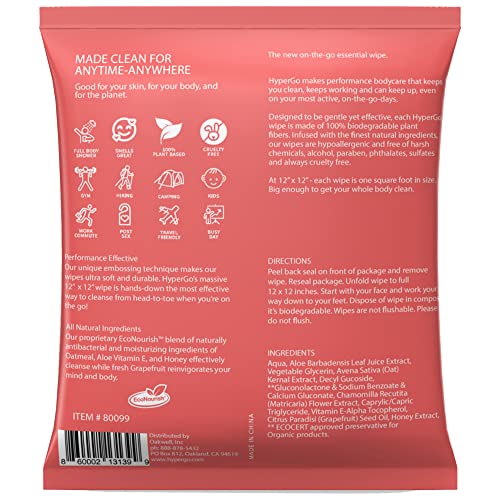 Hypergo Full-Body Rinse-Free Hypoallergenic Biodegradable Bathing Wipes –All Natural, Refreshing Anytime Anywhere, Post Workout, Camping, Travel, Daily Life, 12”X12” X-Large Grapefruit, Pack Of 1 #TOP5