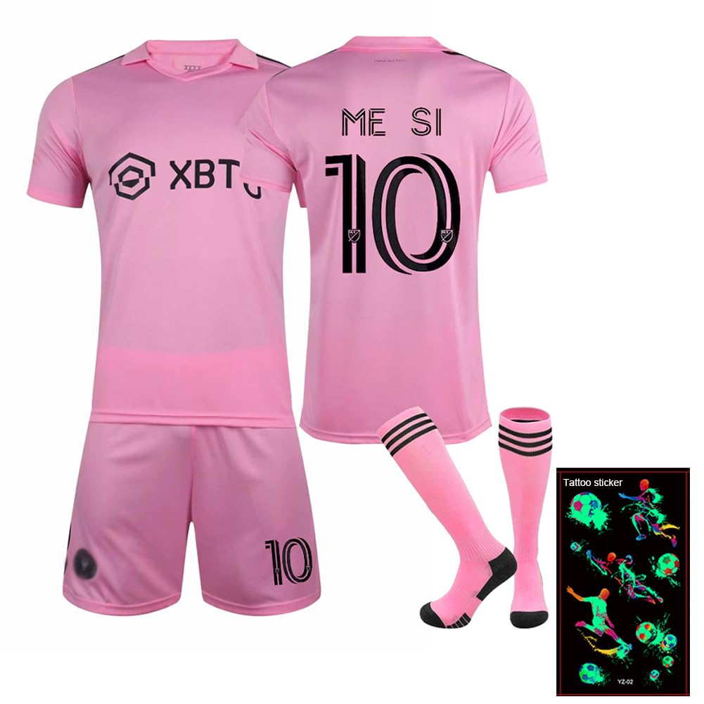PIUMOJ Camiseta de fútbol, Traje de fútbol de Niño, Camiseta Deportiva de Fútbol para Hombres No.10, Jersey de Conjunto, Rosa Soccer Jersey con Camiseta, Pantalones, Calcetines y Tatuajes Fútbol